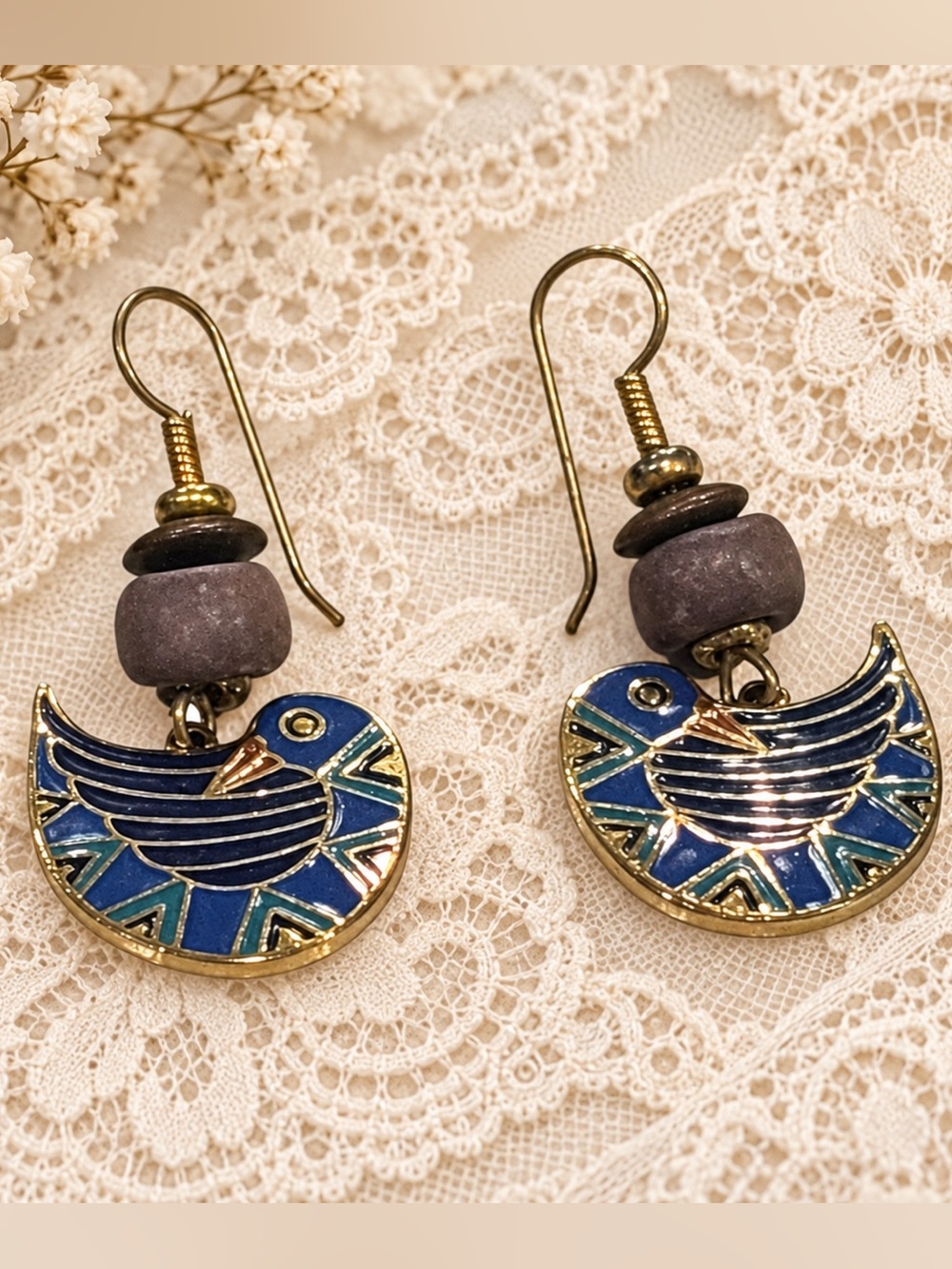 Vintage Laurel Burch Pajarita Bird Earrings Blue Enamel Gold Tone Dangle